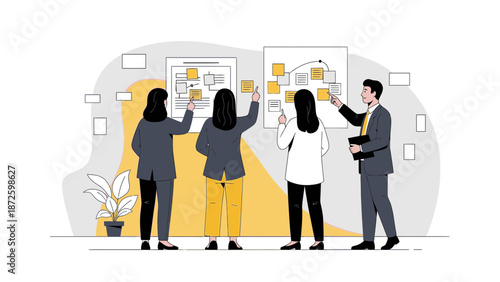 Team Brainstorming Strategy Meeting with Sticky Notes on Whiteboard