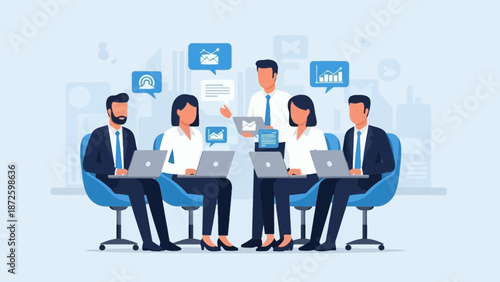 Business Team Meeting with Laptops and Charts in Modern Office