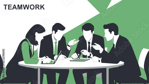 Business Team Collaborating Around Table, Discussing Ideas, Modern Flat Design