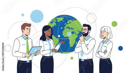 Diverse Business Team Discussing Global Strategy Around Earth Illustration