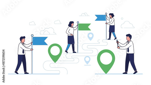 Business Team Setting Goals and Planning Strategy with Flags and Map Pins