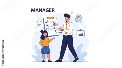 Manager Explaining Checklist to Young Girl, Business Meeting Concept