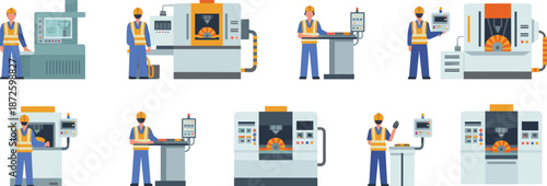 Industrial CNC machine operators vector illustration showing factory manufacturing automation production engineering technology workshop equipment and industry processes workflow concept