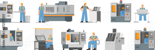 Industrial factory workers operating CNC machines vector illustration showing manufacturing process automation production engineering technology workshop equipment industry concept design