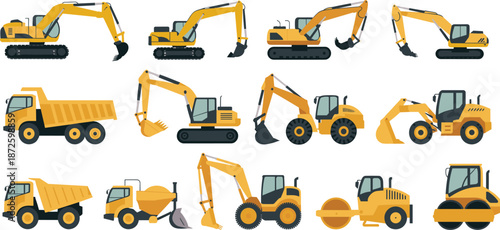 Construction machinery vehicles vector set including excavators loaders dump trucks rollers for heavy equipment industrial building roadwork projects illustration