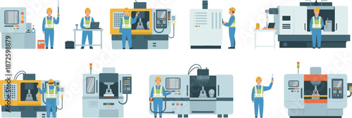 Industrial manufacturing workers operating CNC machines factory automation vector illustration showing modern production engineering technology workshop equipment and industry processes