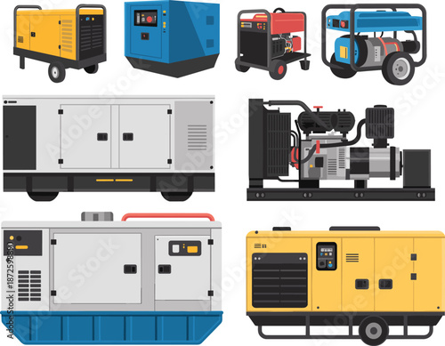 Industrial portable diesel generators set illustration showing standby backup power equipment for construction sites emergency electricity supply systems and facilities