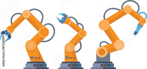 Industrial robotic arm set for automation, manufacturing production, mechanical engineering, smart factory technology, assembly line vector illustration