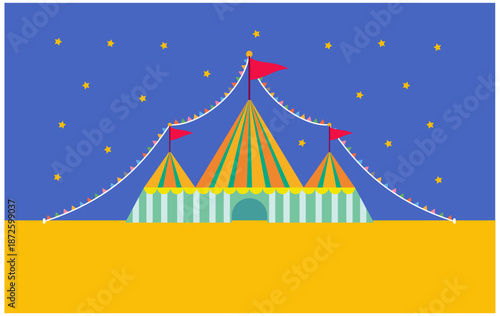 夜の星空の下に建つサーカステントのイラスト