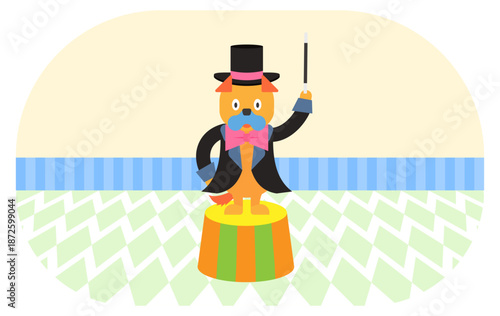 ステージの上で手品を披露するマジシャンの犬のイラスト