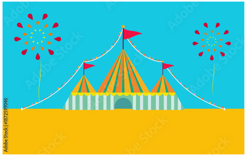 花火が上がる昼のサーカステントのイラスト