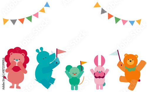 旗を振ってお祝いするかわいい動物たちのイラスト