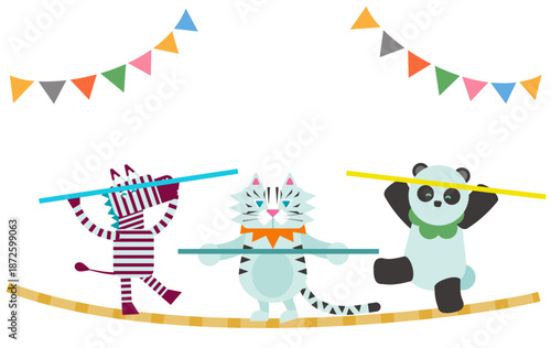 綱渡りをするかわいい動物たちのイラスト