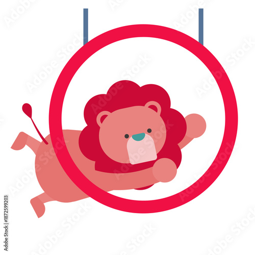 輪をくぐっているかわいいライオンのイラスト