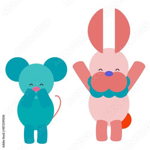 驚いてリアクションしているかわいいねずみとうさぎのイラスト