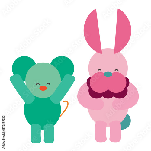 並んで喜んでいるかわいいねずみとうさぎのイラスト