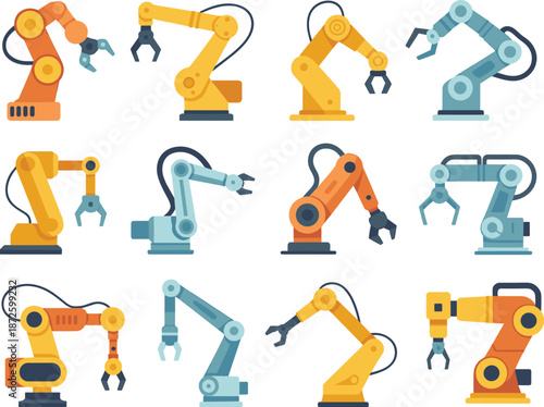 Industrial robotic arms set vector illustration showcasing factory automation manufacturing technology mechanical manipulators assembly production engineering industry concepts workflow design