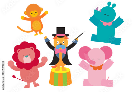 サーカスでパフォーマンスをするかわいい動物たちのイラスト
