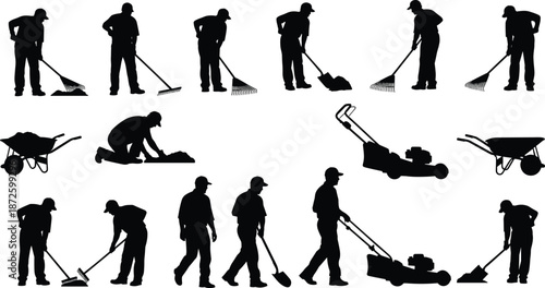 Gardening and landscaping workers silhouette vector illustration set, yard maintenance activities with tools, lawn mowing, raking, outdoor labor, black minimalist design