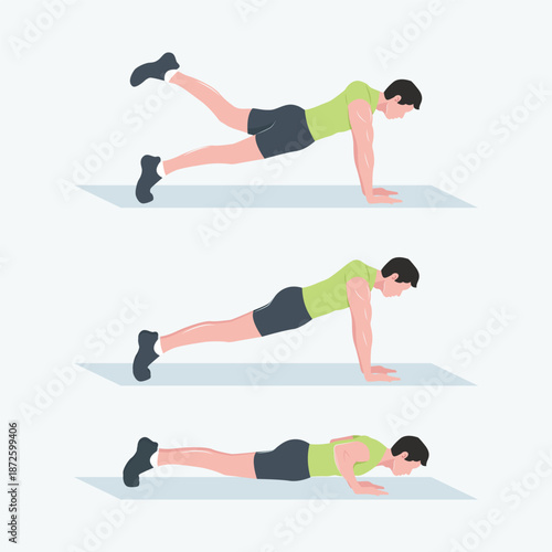 Man doing push up exercise step by step illustration, body weight workout sequence showing correct form and movement, fitness training concept in flat vector style isolated on light background