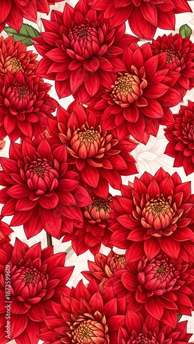 Vibrant Red Dahlias in Full Bloom - A Floral Extravaganza.