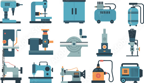 Industrial workshop machinery icons set illustrating power tools manufacturing equipment for factory production maintenance engineering technology concepts vector design illustration