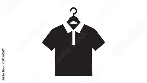 Black polo shirt on hanger in minimalist style with white collar and buttons in flat design for apparel template