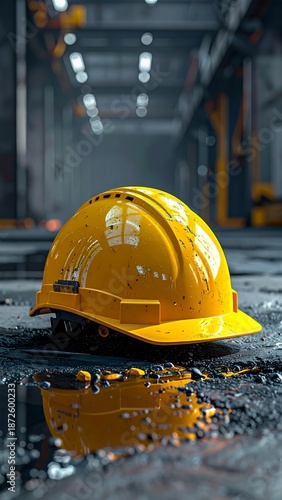 Yellow Hard Hat on Industrial Floor - Safety First.