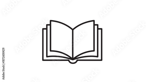 Open book in minimalist line art style with simple black lines on white background for education