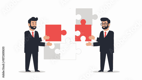 Businessmen assembling puzzle pieces, teamwork and partnership concept
