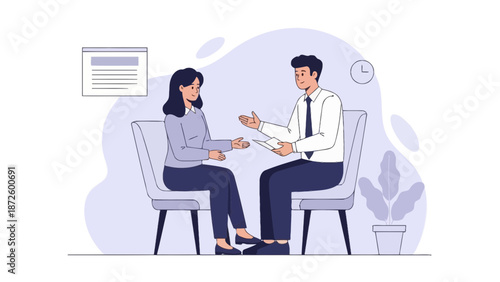 Business Meeting Illustration: Two Professionals Discussing Work in an Office