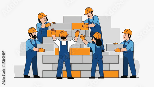 Teamwork construction workers building wall, collaboration, unity, strategy, teamwork