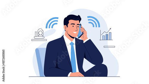 Businessman on Phone Call with Growing Business Graph and Office Icons