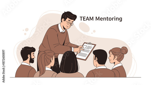 Team Mentoring Session: Coach guiding employees with clipboard