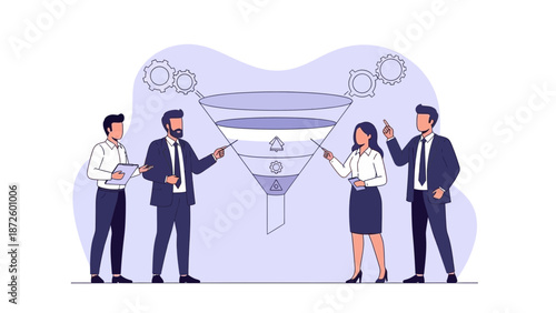 Business Team Explaining Sales Funnel Process with Gears and Analytics