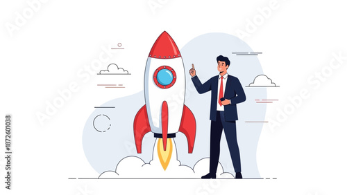 Businessman launching rocket, symbolizing startup success and innovation