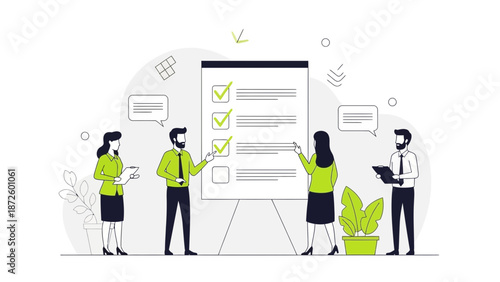 Teamwork and planning for business success, checklist on whiteboard