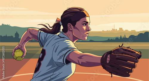 Female softball player in action, throwing a ball on a field at sunset with a cityscape in the background