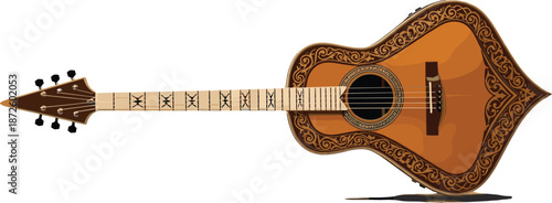 Ornate acoustic guitar illustration featuring decorative wooden body traditional string instrument music concept vintage style vector artwork detailed elegant design