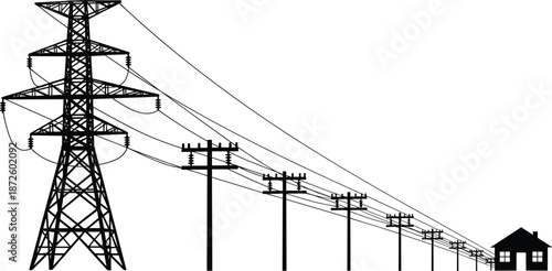 High voltage electric tower and utility poles silhouette connecting to a small house, power line distribution system vector illustration on white background