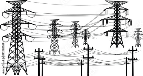 High voltage electrical transmission towers and power lines silhouette, industrial energy infrastructure, electricity distribution network grid, utility poles and overhead cables on white,