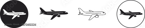 Airplane icon set illustration, commercial jet silhouette collection, black white flat vector symbols for travel aviation transport design