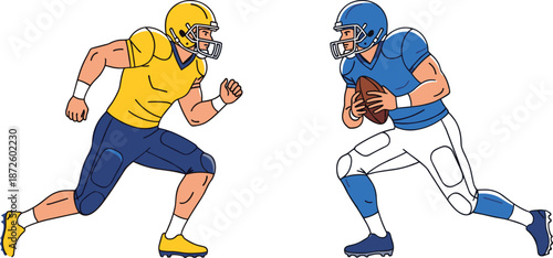 American football players illustration showing offensive and defensive athletes in action helmets uniforms dynamic sports competition vector artwork