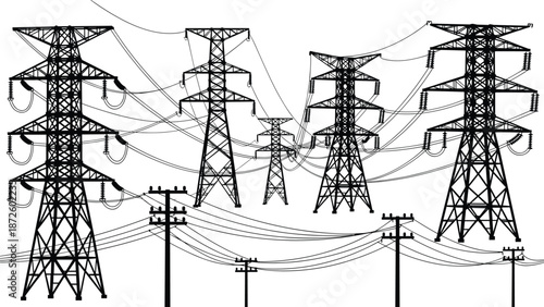 High voltage power line silhouette vector illustration featuring electrical pylons, transmission towers, and utility poles with tangled cables against a plain white background.