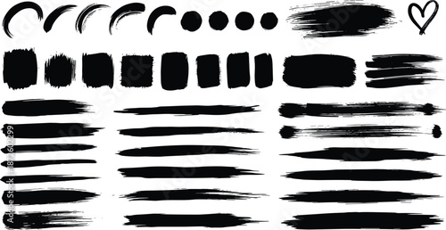 Black brush stroke collection featuring grunge paint swashes ink marks abstract shapes artistic texture flat vector illustration set