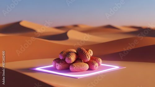 A collection of dates is artfully arranged on a glowing, modern platform in the middle of a desert scene. The warm hues of the desert sand contrast with the subtle glow of the platform.
