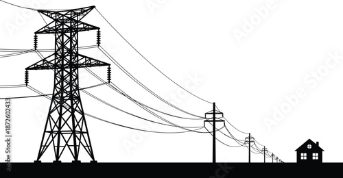 High voltage transmission tower and electric power lines connecting to a small house silhouette, energy distribution network and residential supply vector illustration,