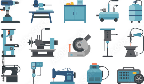 Industrial workshop power tools and machinery icons set illustrating manufacturing equipment for factory production maintenance repair engineering concepts design vector