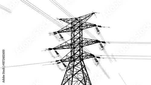 High voltage transmission tower silhouette with electrical power lines, industrial energy grid infrastructure, steel pylon vector illustration, voltage supply network, engineering technology concept.