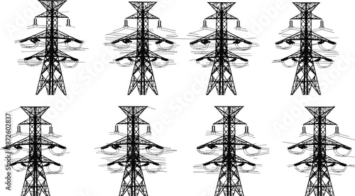 High voltage transmission towers vector illustration set, electric power pylons silhouettes collection, energy infrastructure design isolated on white background